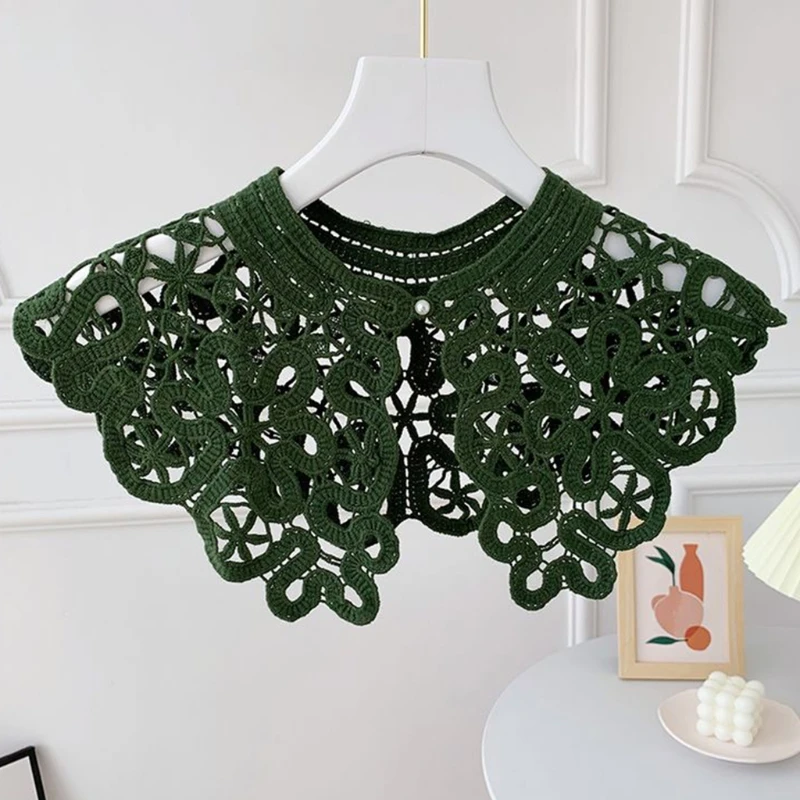

Korean Hollow Out Knit Fake Collar Shawl Faux Pearl Button Scarf Necklace Solid Color Floral Lace Lapel Blouse Mini Cape M24 21