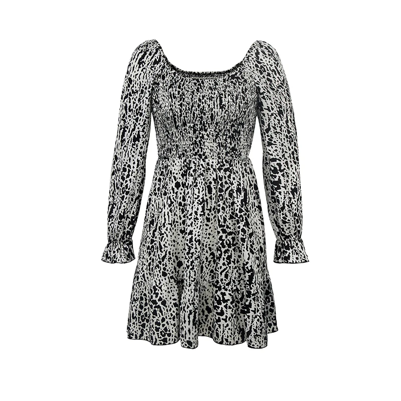 

2020 Autumn Spring Women's Short Leopard Dresses High Waist Casual Wrap Dress Female Square Collar Long Petal Sleeve Vestidos