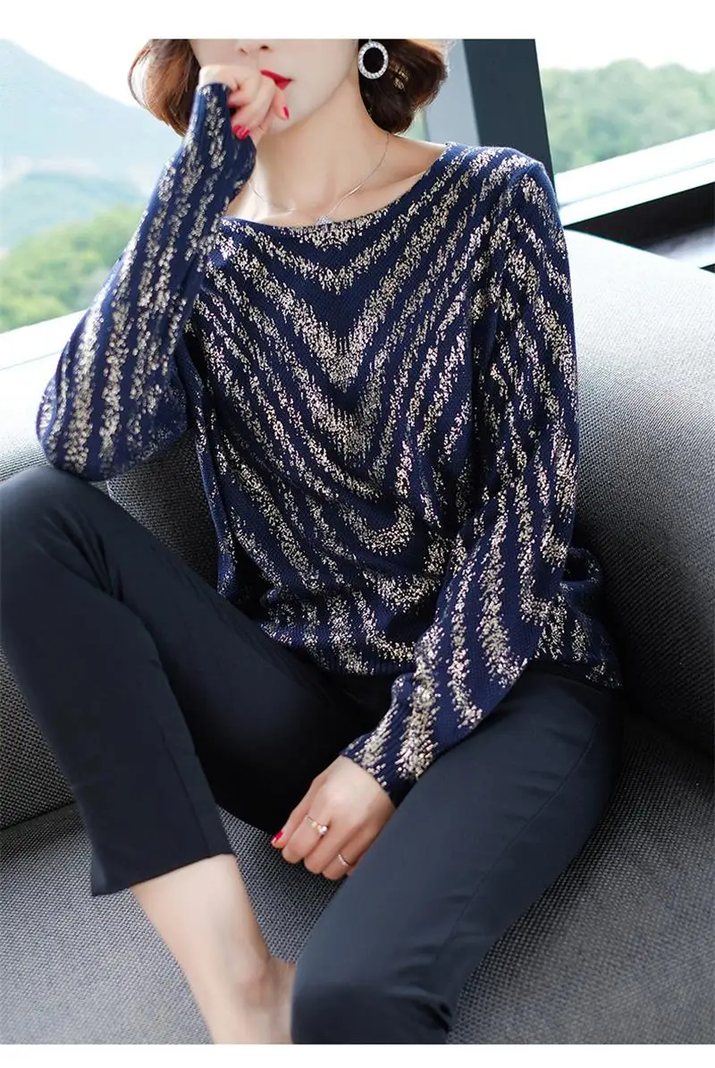 Женский весенний свитер с принтом и длинным рукавом повседневный полосатый топ