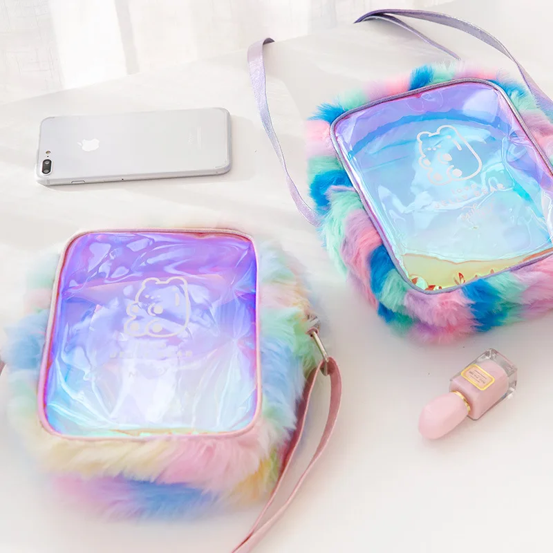 Женская прозрачная сумка через плечо с голограммой лазера из радужного меха для