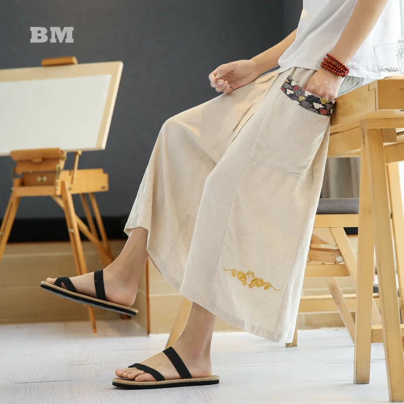 

Китайский Стиль летние тонкие размера плюс укороченные брюки с вышивкой 2021 Harajuku из хлопка и льна повседневные широкие брюки с широкими штан...