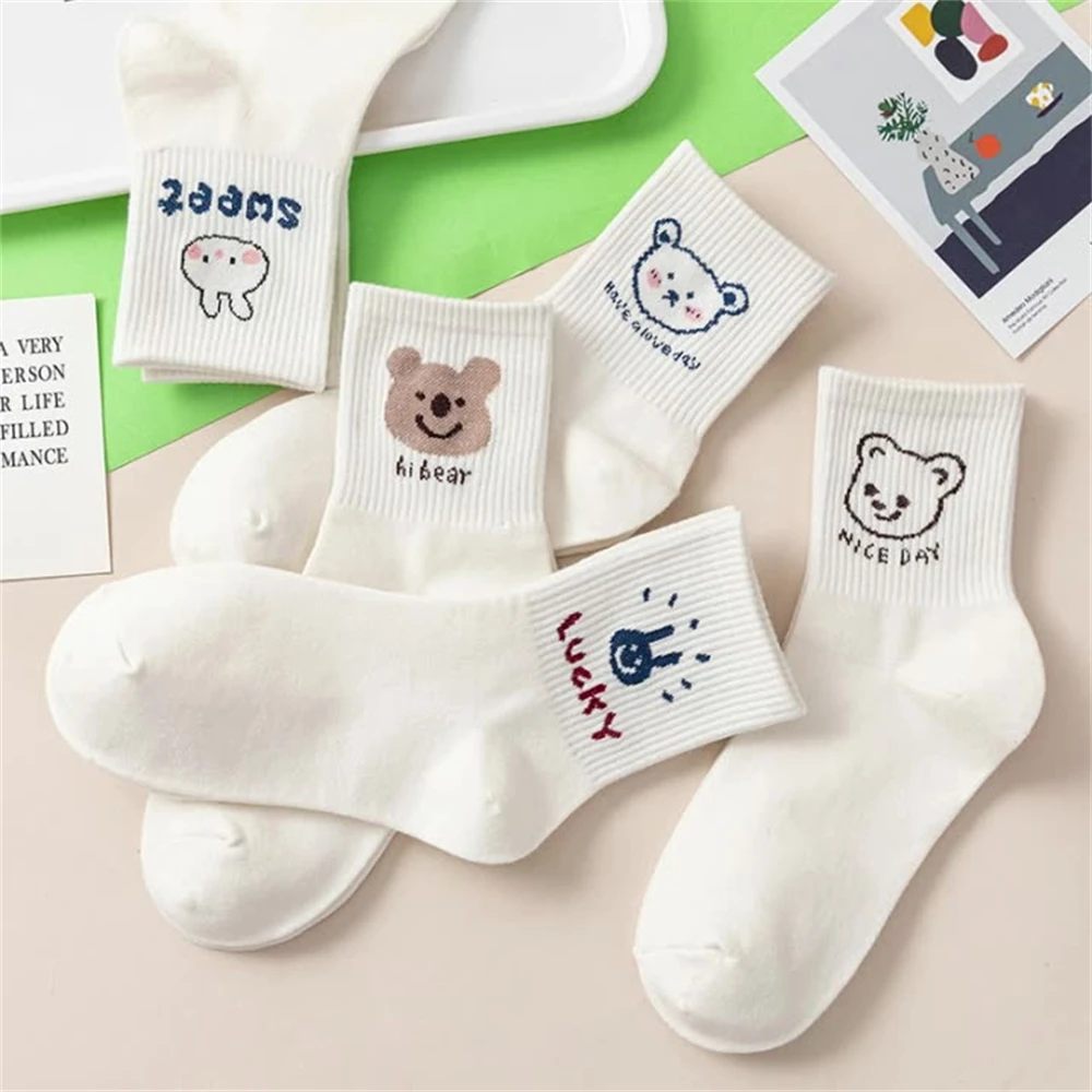 

носки Spring White Cotton Midi Socks With Print Cute Bear Letters Sports Slouch Happy Socks Women Short Sports Socks For Girls
