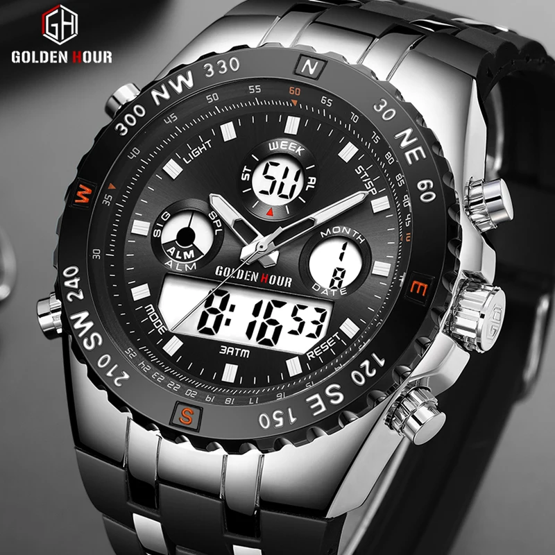 

GOLDENHOUR Men Sport Watches Analog Digital Dual Display Man Fashion Outdoor Military Black Rubber Wristwatch Luminous Clock