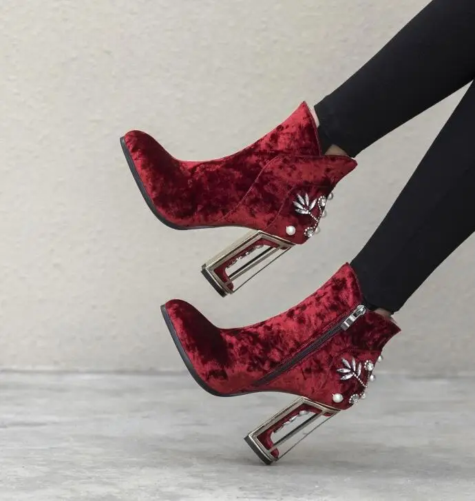 Новые женские замшевые ботильоны стразы полусапожки с бусинами жемчужинами