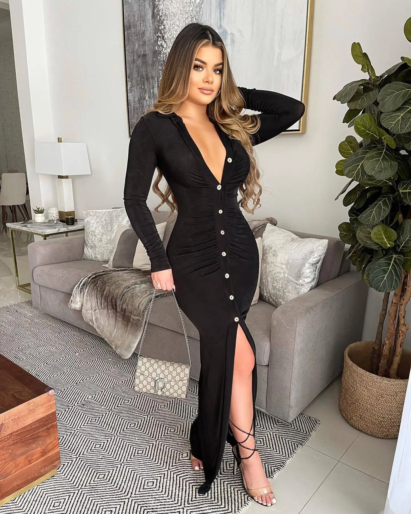 

Long Sleeve Party Dresses Women Button Knitted Ankle-Length V-Neck Skinny Autumn Winter Sexy Dresses Women Cotton Split Hem