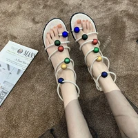 fairy sandals womens 2021 summer new trend korean color bead toe set back zipper flat bottom cloth bohemian beach shoes