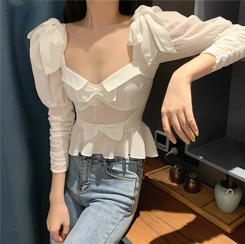 Пикантная шифоновая блузка с завязками на плечах и бантом Элегантная