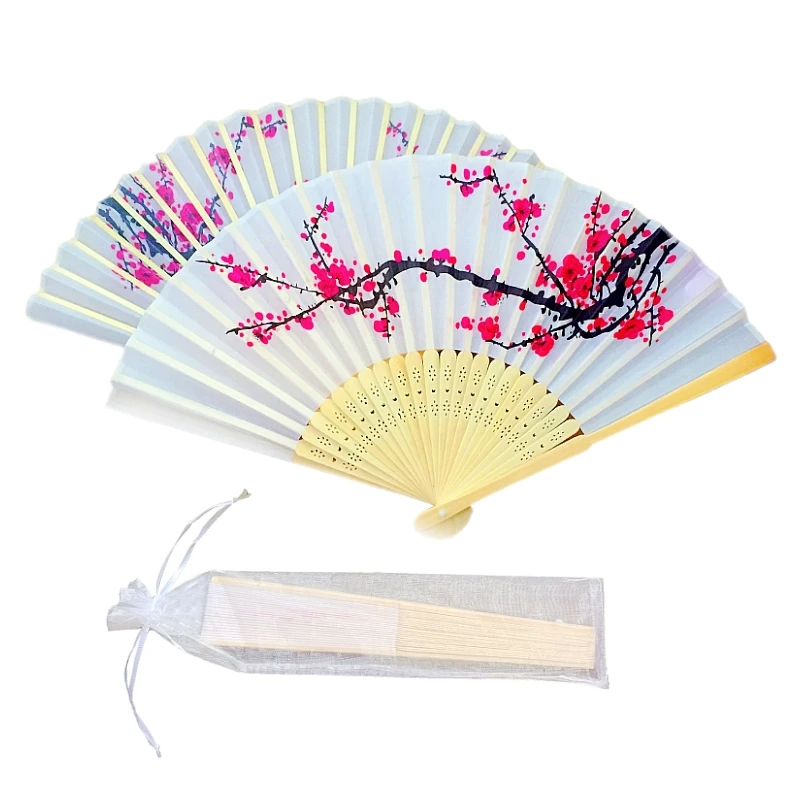 Wholesale 50pcs/lot Plum flower design Elegant Folding Silk Hand Fan with Organza Gift bag Wedding Favor gift