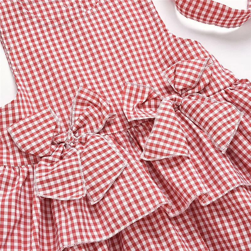 

girls dress Toddler Baby Girls Sleeveless Plaid Ruffle Bow Princess Dress Headband Outfits vestido #4D16