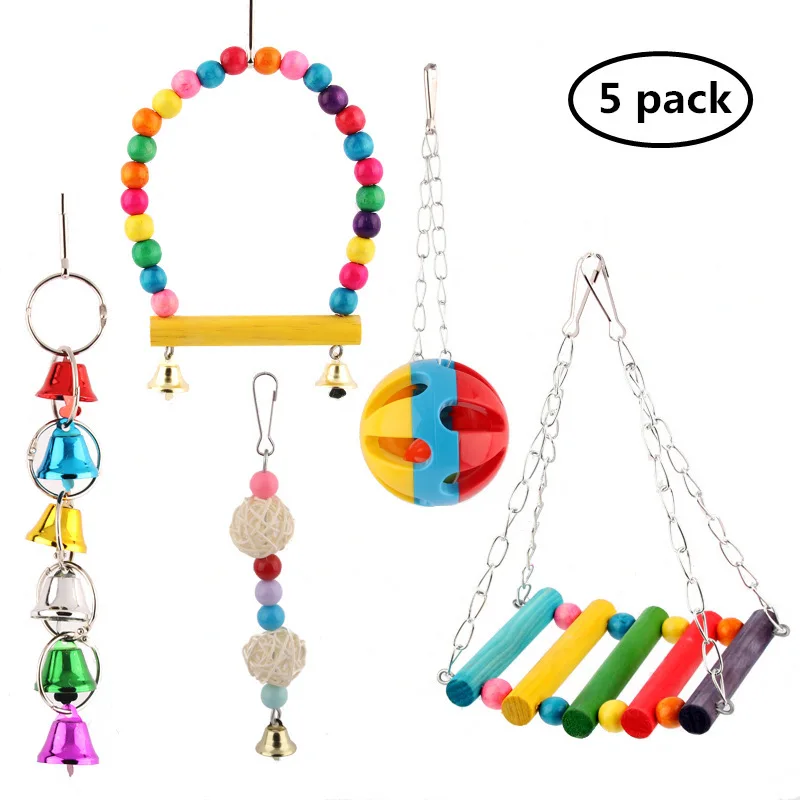 

5 шт. качели-игрушки для попугаев, аксессуары для клетки для птиц, подставка для птиц, подвесной окунь для попугаев, качели-игрушки с красочны...