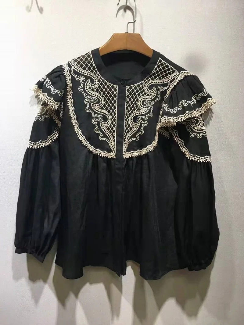 

Блузка женская льняная с длинным рукавом, модный топ с кружевной аппликацией и вышивкой, повседневная черная Свободная рубашка, весна-лето 2022