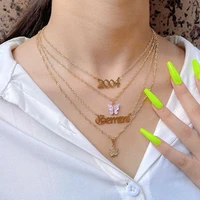 multilayer stainless steel year number letter pendant necklace for women cute butterfly twisted chain necklace bohemia jewelry