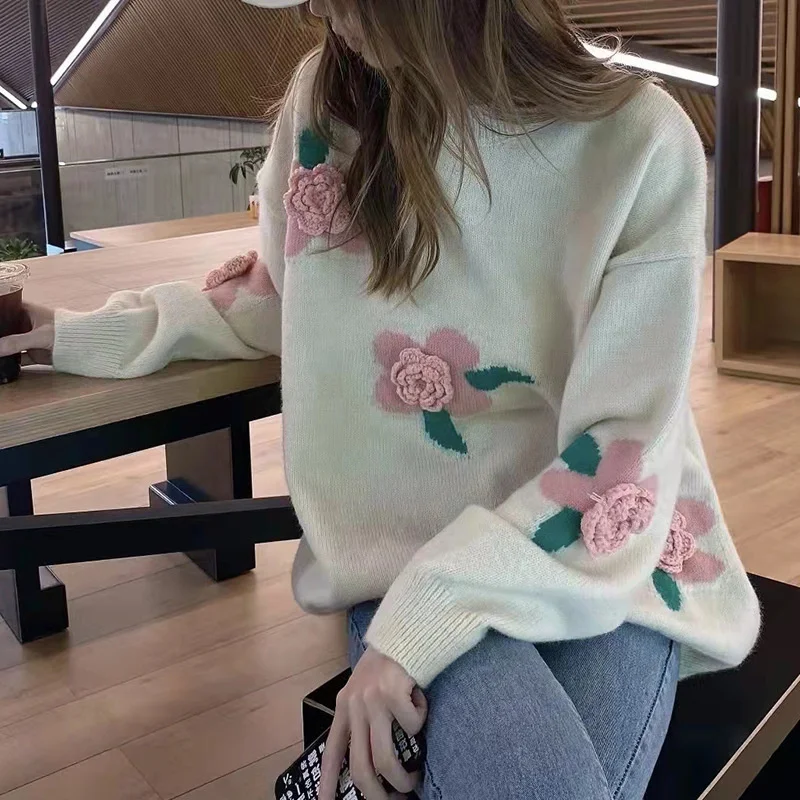 

Новинка, осенние свитера, пуловеры с цветочной вышивкой и круглым вырезом, Женский вязаный милый стильный облегающий джемпер с длинным рука...