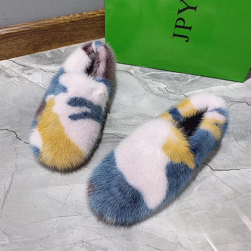 

Новинка 2021, подходящие цвета туфли из меха норки на плоской подошве, модная теплая зимняя женская обувь из взрывоопасного меха на плоской по...