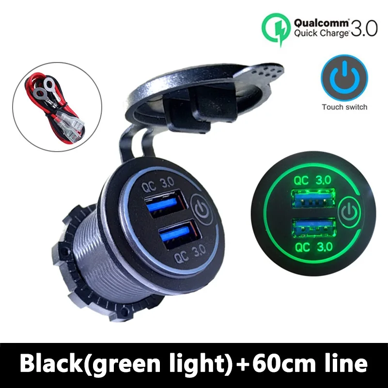 

36W QC 3.0 Dual USB Car Charger Socket Waterproof Phone Fast Car Charger with Touch Switch for 12-24V Car Motorcycle Truck Boat