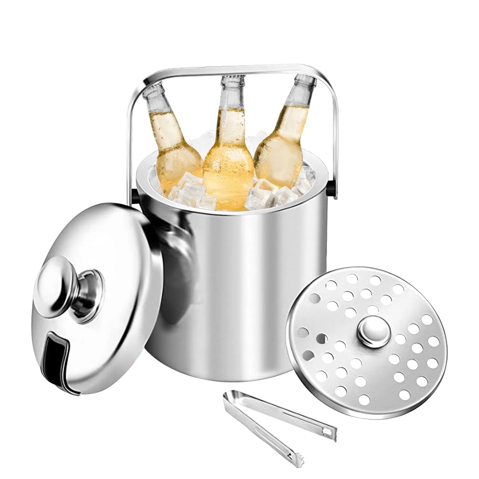 

4-pcs-Set ведро льда с крышкой, Нержавеющая сталь ведро льда, охладитель вина, пива металла кухня с морозильной камерой Барные аксессуары посуд...