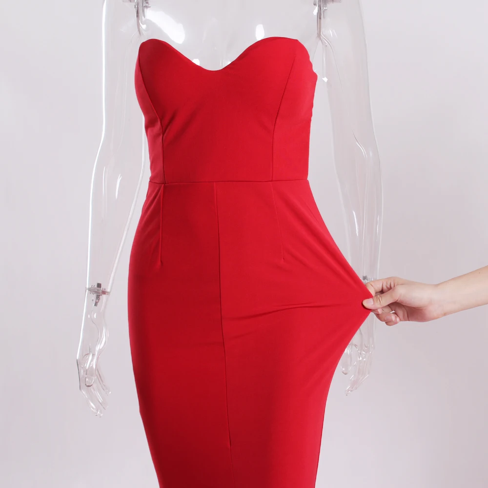

Sexy Strapless Long Black Maxi Dress Front Slit bare shoulder Red Women's evening summer dress Night Gown Party Dress