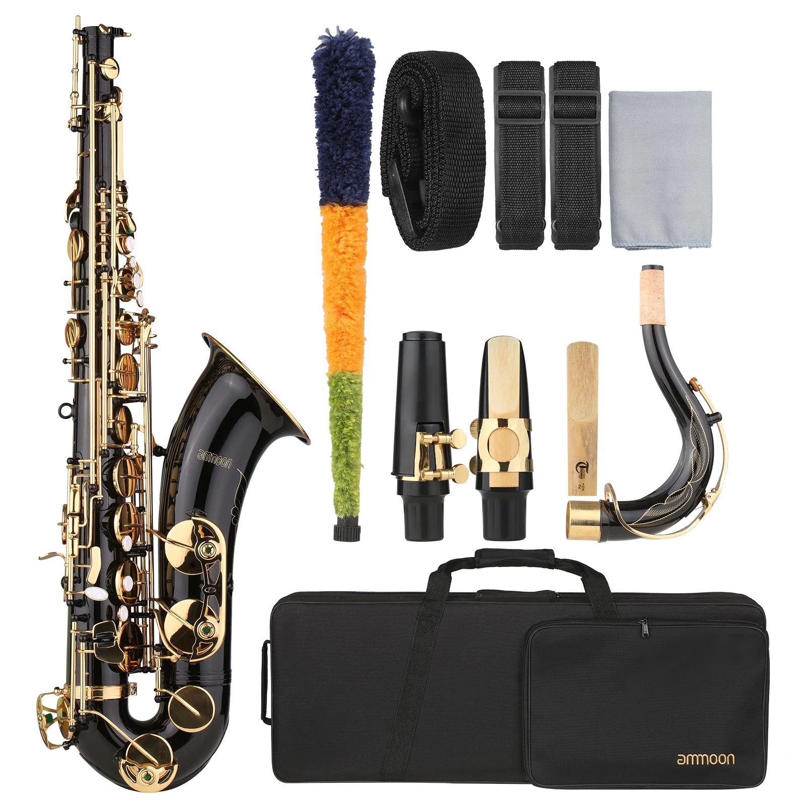 

ammoon B-flat Tenor Saxophone Bb Black Lacquer Sax with Case Mouthpiece Reed Neck Strap Cleaning Cloth Brush for Beginners