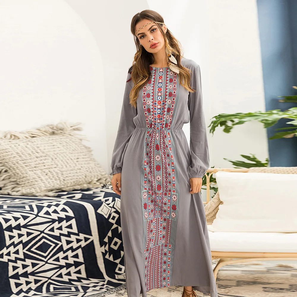 Длинное платье Abaya для женщин длинное с длинным рукавом и этническим принтом