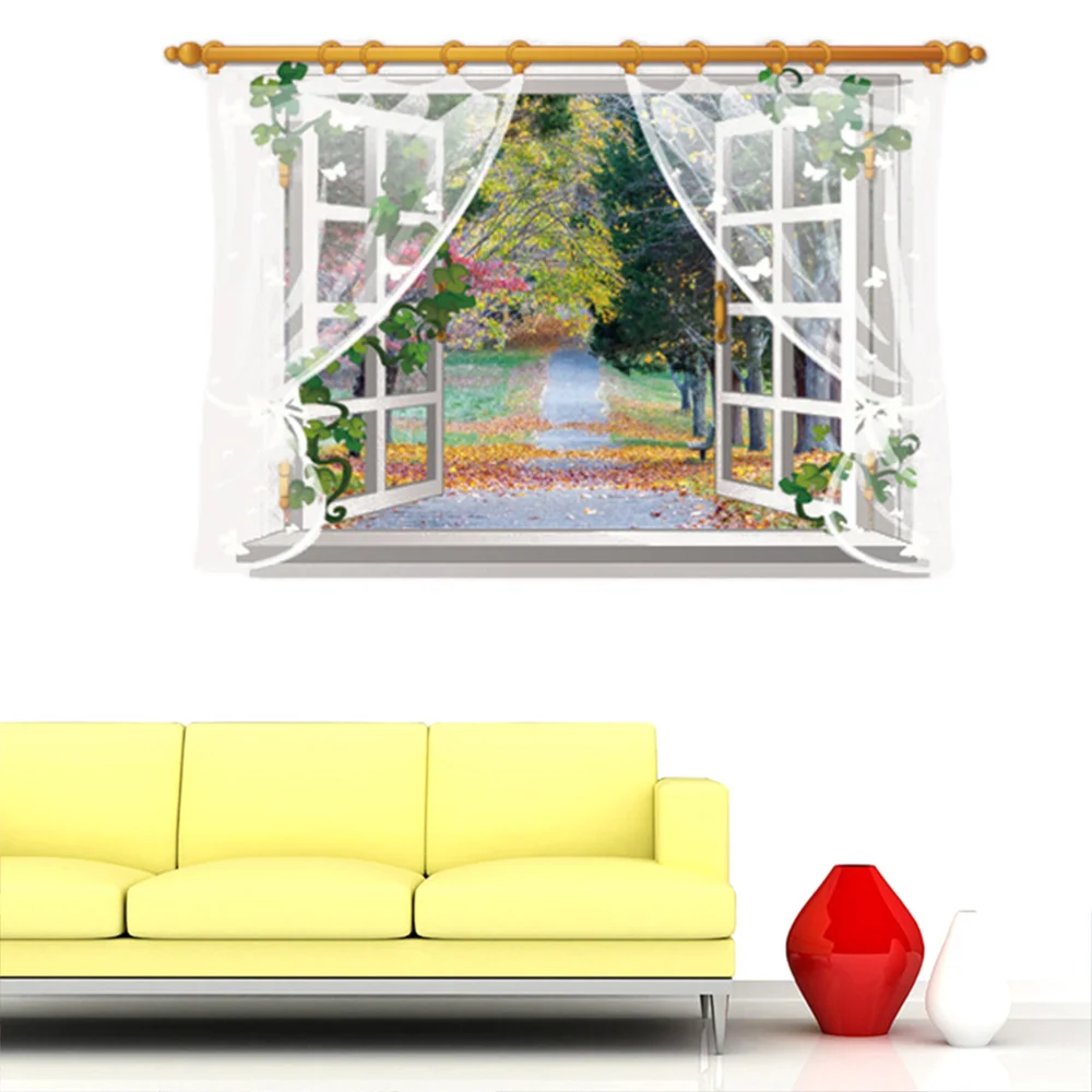 

3D Creative Fake Window Scenery Sticker Bedroom Living Room Wall Decal Background Decoration Wall Sticker (As Shown)