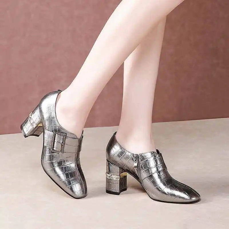 

Krazing Pot new fashion office lady print genuine leather crystal buckle straps square toe high heels women big size pumps L99