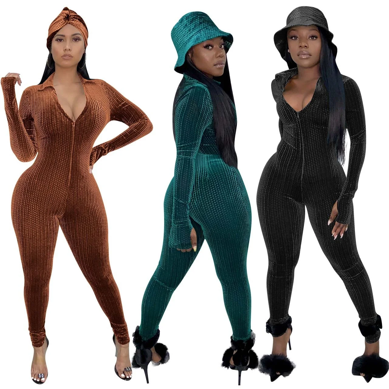 

Women's Korean Velvet Sexy V-neck Solid Color Jumpsuit Women Soild Zipper Long Sleeve Rompers