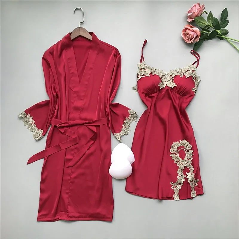 

Satin Nightdress Lace Nightwear Kimono Bathrobe Gown 2PCS Sleepwear Sexy Women Nighty&Robe Suit Soft Intimate Lingerie Homewear