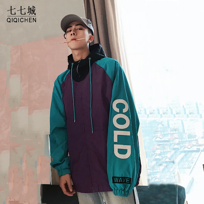 

Patchwork Jacket Men 2021 Harajuku Letter Printed Hip Hop Hooded Coat Zipped Loose Track Jacket Men Korean Sport Male Coats