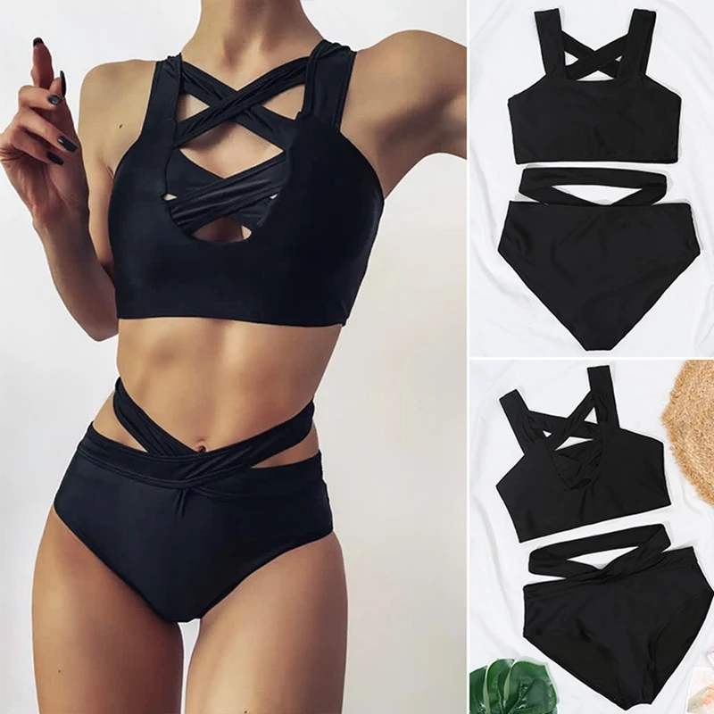 

Sexy Womens Bikini Set Bandage Stretch Bodycon Swimwear Push-Up Padded Cross Up Swimsuit High Waist Bathing Suit