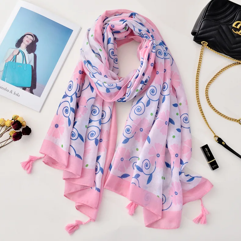 OUOI 2020 Новый розовый хлопковый и льняной шарф женский цветочный кондиционер