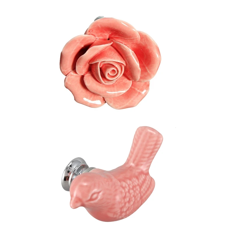 

2 Pcs Kitchen Cabinet Cupboard Ceramic Door Handles Drawer Knobs Wardrobe Pulls, Rose Flower & Bird