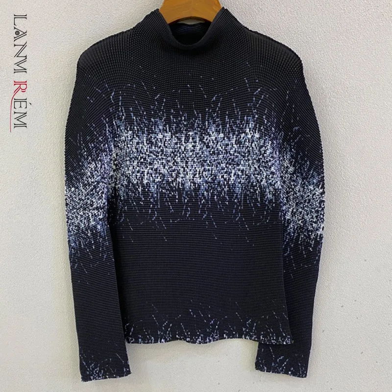 

LANMREM 2022 New Women Spring Autumn Turtleneck Long Sleeve Color Contrast Pleated T-shirt Fashion Loose Casual Top 2J360