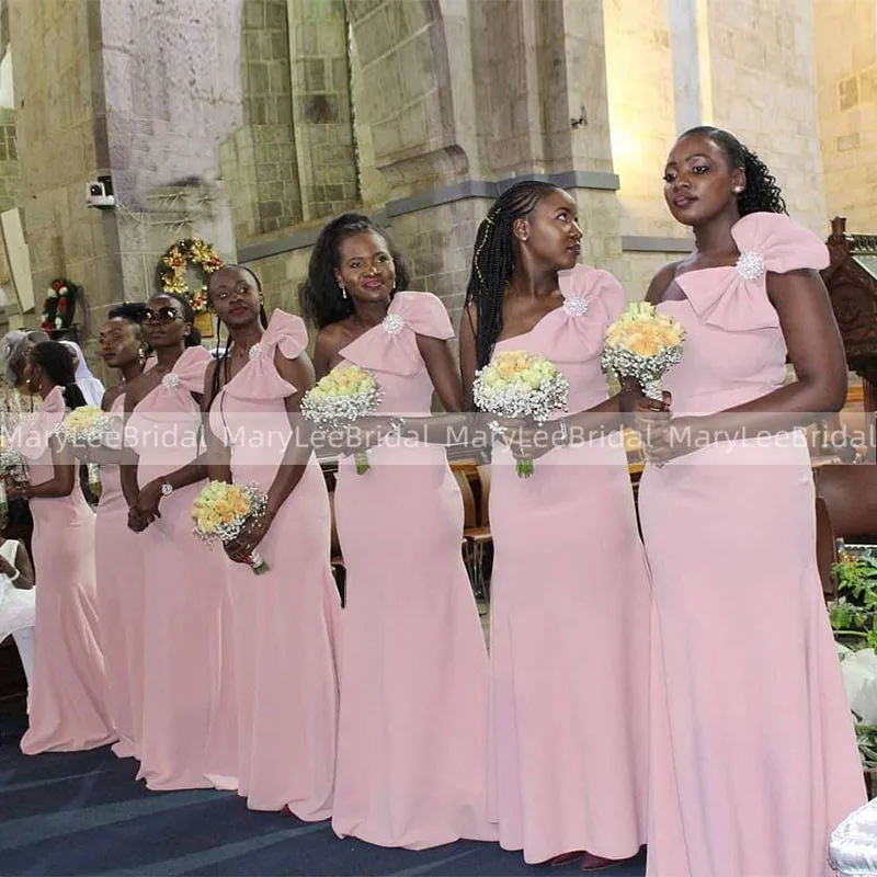 

One Shoulder Pink Bridesmaid Dresses With Bow-Knot Robe Rose Simple Mermaid Stretch Satin Wedding Party Dress Sukienka Damska