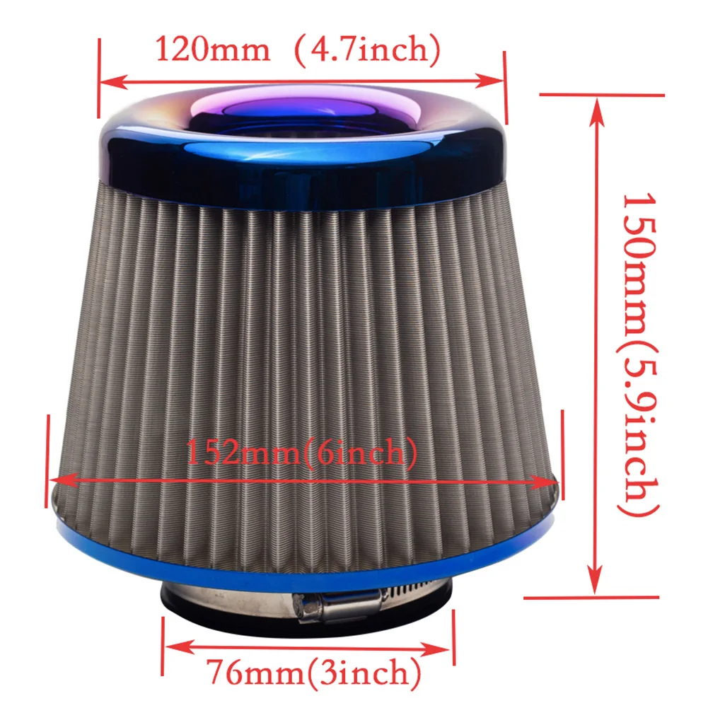 

3 inch 76mm Car Air Filters Inlet High Flow Car Cold Air Intake Cone Replacement Dry Air Filter Burnt Blue Auto Accessories