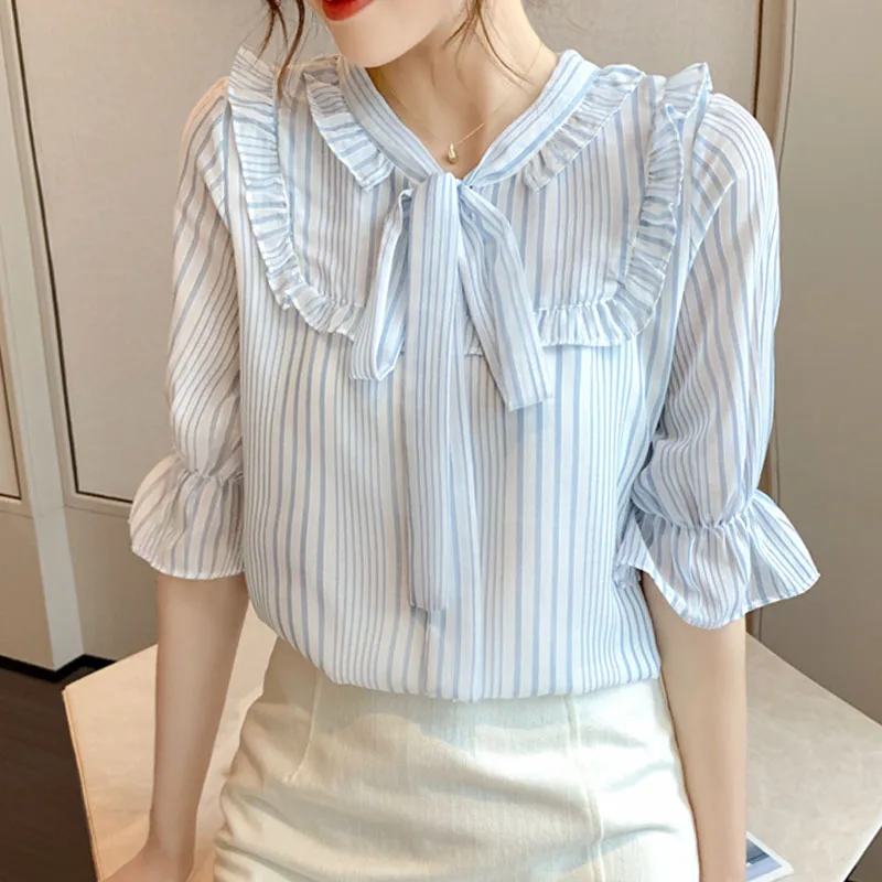

Blusas Mujer De Moda 2020 Chiffon Half Bow Striped V-Neck Flare Sleeve Korean Women Clothing Blusas Femininas Elegante Tops 0641
