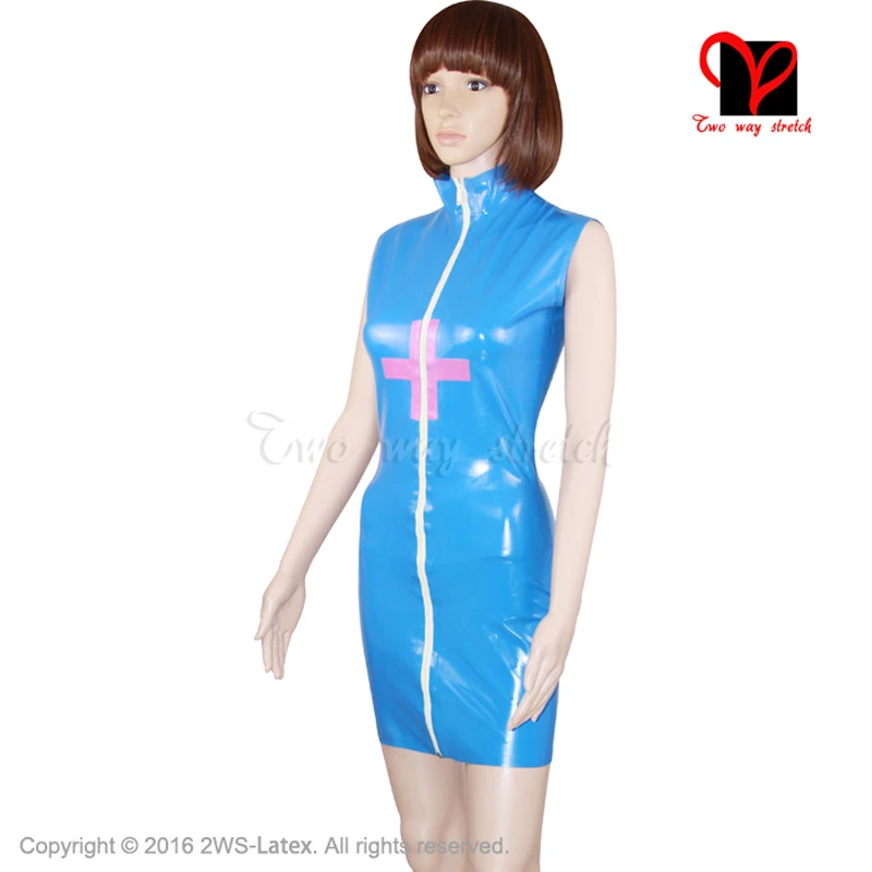 Сексуальная синяя и розовая латексная резиновая Униформа на молнии Женский