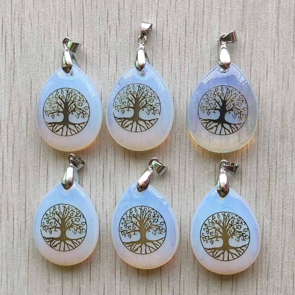 

Fashion opal stone water drop shape tree of life pendants for jewelry making free shipping wholesale 6pcs/lot