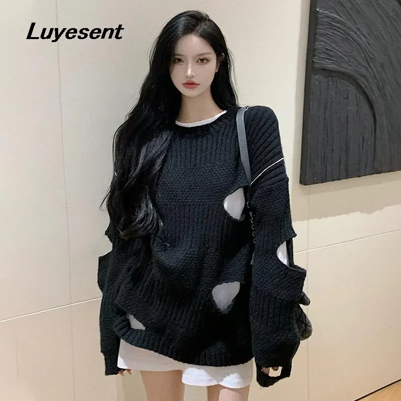 

Женский пуловер с вырезами, черный или хаки Готический свитер, Осенний хипстерский свитер с круглым вырезом и дырками, джемперы в стиле Харадзюку