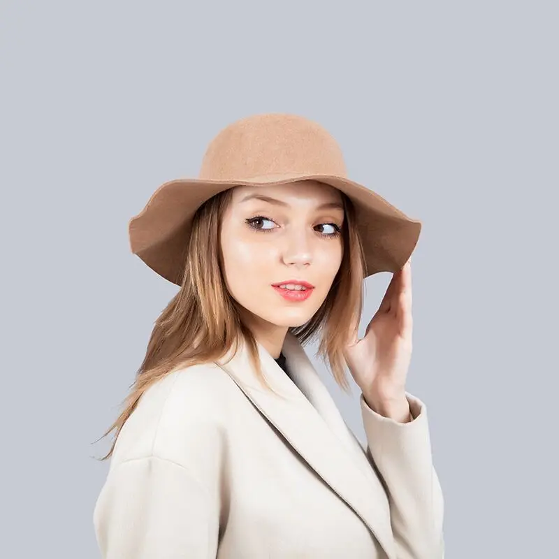 Новые шляпы для женщин Мягкие винтажные широкие полями шерсть фетровая шляпа