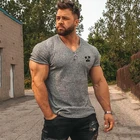 Мужская Трикотажная футболка с v-образным вырезом и коротким рукавом, Спортивная облегающая футболка, мужская летняя одежда для бодибилдинга, фитнеса