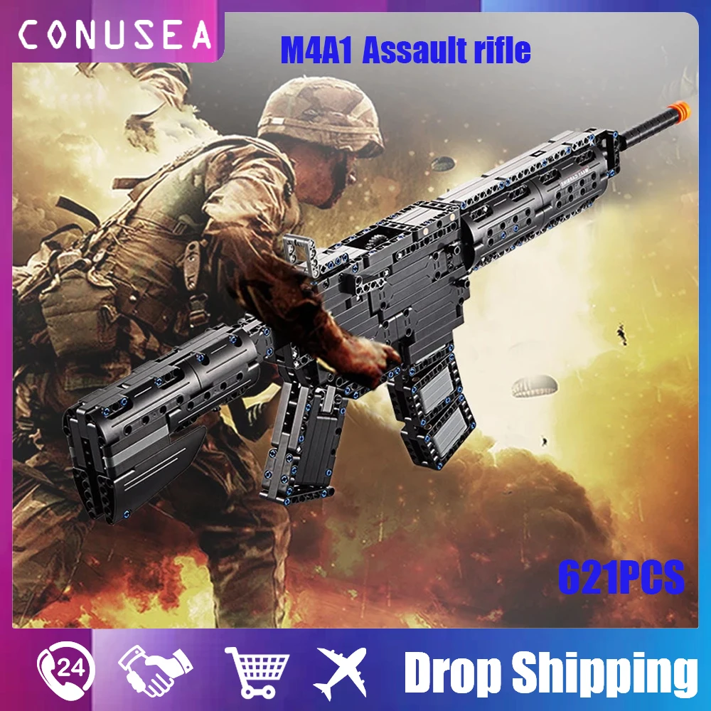 

621PCS Building Block Bricks M4A1 Carbine Rubberband Gun Model Military City high-tech Launch shoot rubbers Gun Toys for boys