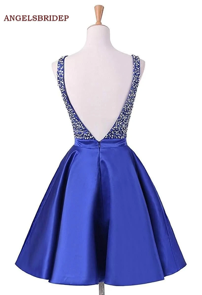 

Fashion V-Neck Short Homecoing Dress Party Gowns Sexy Backless Beading Satin Vestidos de festa Graduation Formal Gowns