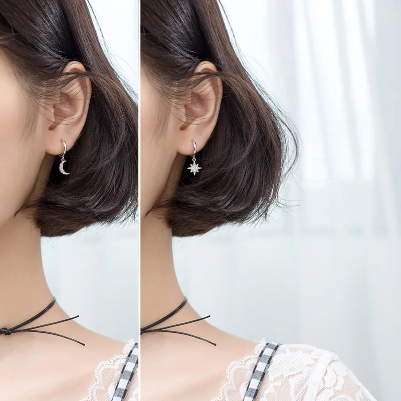 Женские серьги-кольца из серебра 100% пробы с Луной и звездами