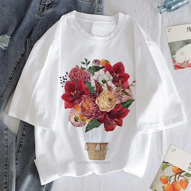 

2021 New Summer Fashion T Shirt Hot Air Balloon Graphic Print T-shirt Women Harajuku Aesthetic White Tops Tee