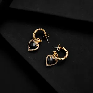 Brand New Korean Fashion Genuine Earrings Black Gemstone Heart Pendant Earring Ear Studs Brass Plated 18K Gold High Quality
