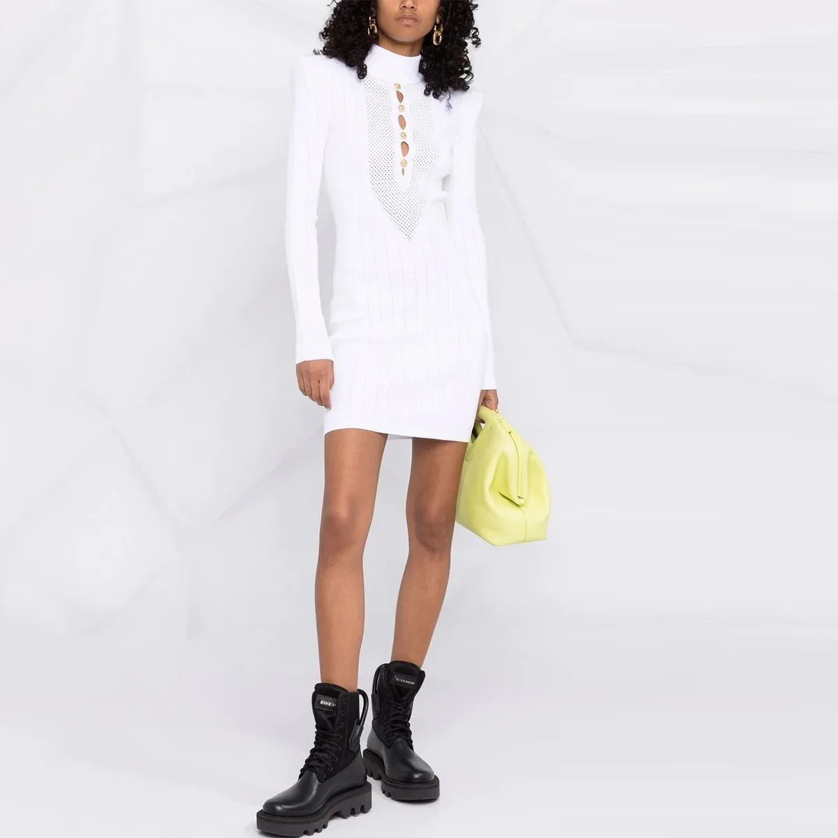 

Long Sleeved Knitted Dress 2022 New Temperament Slim and Thin Gold Button Sexy Bodycon Dress for Women