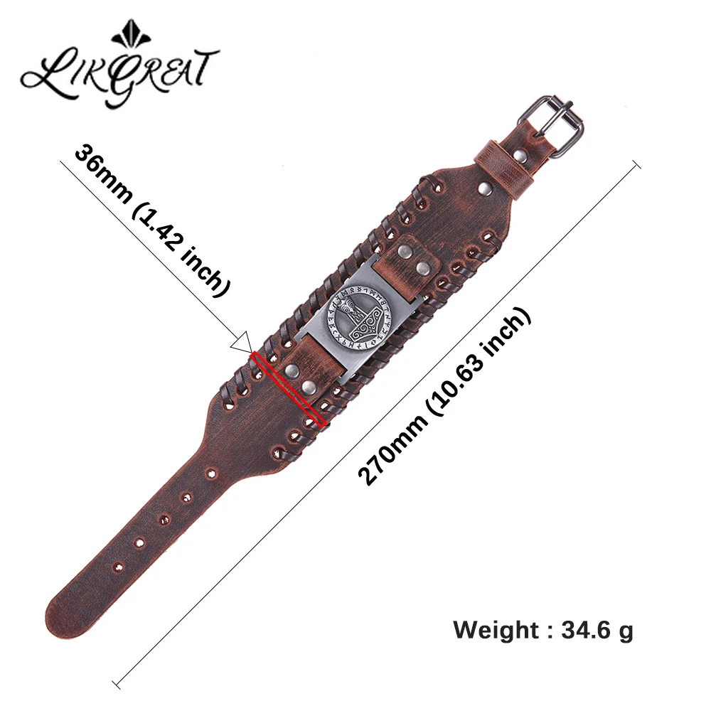 LIKGREAT Viking широкий кожаный браслет для мужчин Thor's Hammer Axe амулет в винтажном стиле