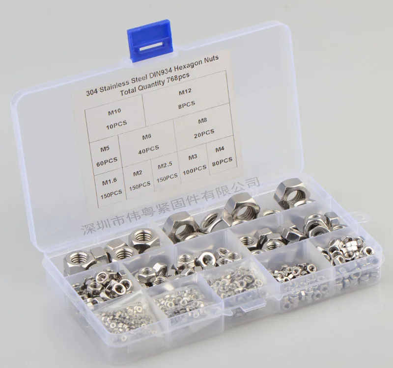 

768pcs M1.6 M2 M2.5 M3 M4 M5 M6 M8 M10 M12 stainless steel 304 DIN934 hexagon nut combination set with plastic storage box