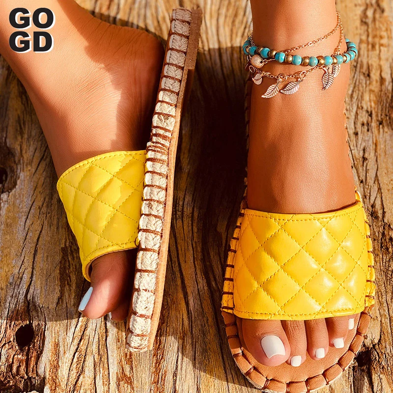 

[GOGD]Women Summer Slippers Ladies Square Toe Sandal Slipper Casual Flip Flops Beach Weave Flat Shoes Female Slip On Shoe New