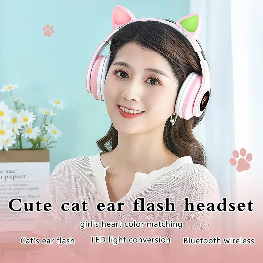 

New Creativity Cat Ear Wireless Headphones 5.0 RGB Girl Bass Support TF Kids Mic Headset Card Adults Noise Headphones Cance T4A7
